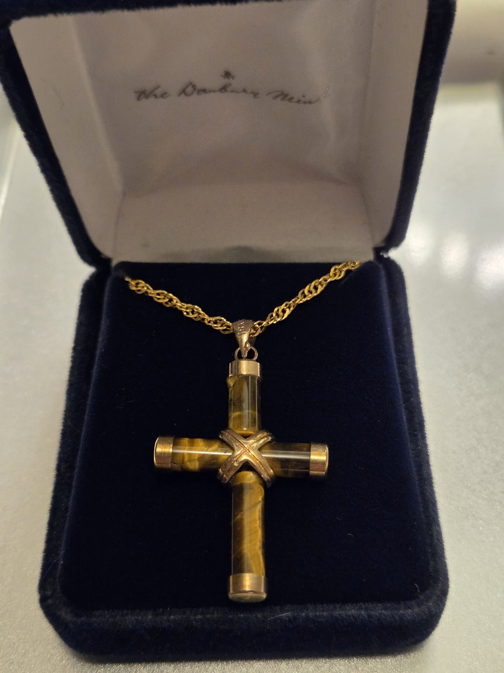 Gold Tone Tiger's Eye Cross Pendant Necklace New In Box